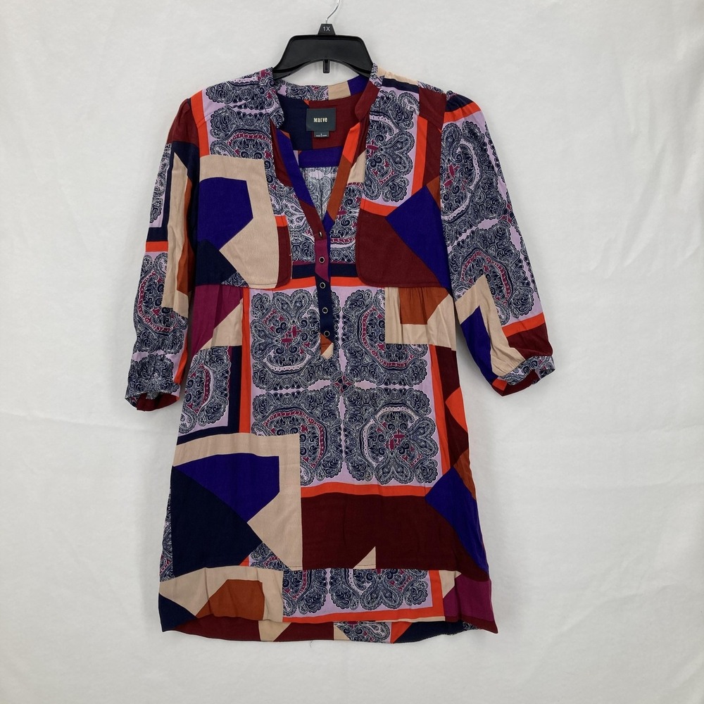 Anthropologie MAEVE‎ Taryn Patchwork Crepe Shift Tunic Dress Women's 4 Art Boho